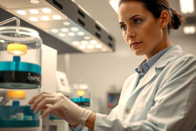 Scientist in lab coat and gloves examining equipment. Close-up view in a laboratory setting, featuring a focus on precision and scientific work. White, blue, and yellow hues are prominent.