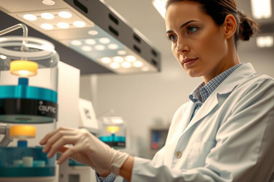 Scientist in lab coat and gloves examining equipment. Close-up view in a laboratory setting, featuring a focus on precision and scientific work. White, blue, and yellow hues are prominent.