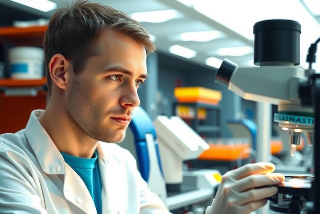 Scientist examining a sample under a microscope in a laboratory. Focus on research, analysis, and scientific exploration. Bright, clean environment with lab equipment. White coat, blue shirt, microscope, lab setting.
