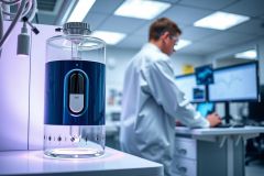 Laboratory scene featuring a flask and a scientist in a white coat. Focus on the glassware and research environment with blue lighting.  Scientific research, lab equipment, chemistry, experimentation.