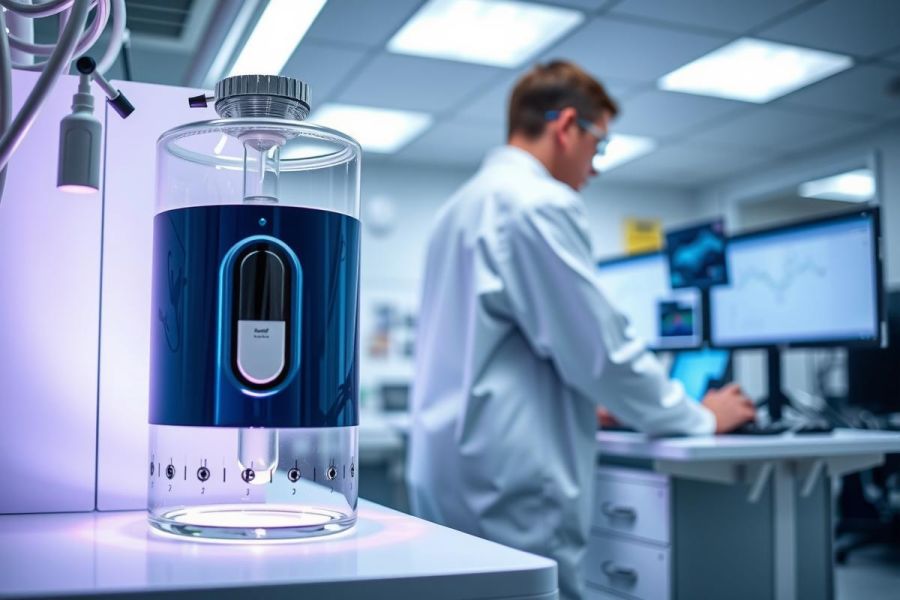 Laboratory scene featuring a flask and a scientist in a white coat. Focus on the glassware and research environment with blue lighting.  Scientific research, lab equipment, chemistry, experimentation.