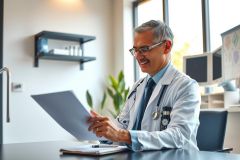 A male doctor in a white coat examines a document at his desk in a medical office. He wears glasses and a stethoscope, creating a professional healthcare environment.