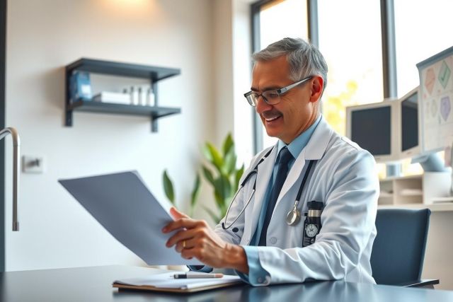 A male doctor in a white coat examines a document at his desk in a medical office. He wears glasses and a stethoscope, creating a professional healthcare environment.