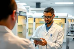 Scientist in a lab coat examining a tablet, likely reviewing research data. The environment showcases laboratory equipment and a modern, clean aesthetic. Focus on science, technology, and research.