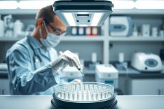 Scientist in a lab coat and mask pipettes a solution into a petri dish. A clean lab environment with equipment visible in the background. Focus on research, science, and biology.