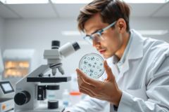 Scientist in lab coat examining petri dish with microscope in background. Research and biology concept. Focus on microbiology, cell culture, and scientific analysis.