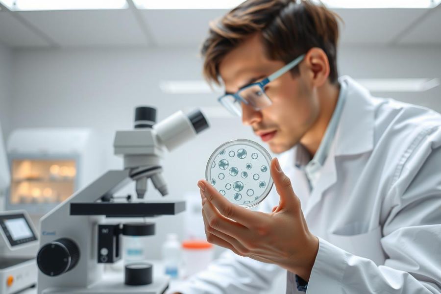 Scientist in lab coat examining petri dish with microscope in background. Research and biology concept. Focus on microbiology, cell culture, and scientific analysis.