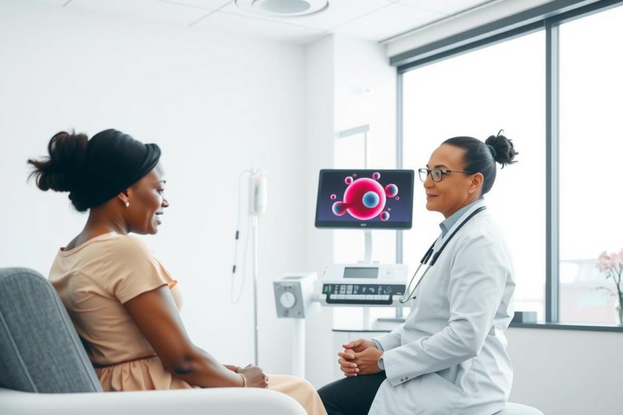 Doctor consults with patient in a modern medical office. Focus on healthcare, examination, and professional medical setting. Warm, bright colors create a welcoming atmosphere.