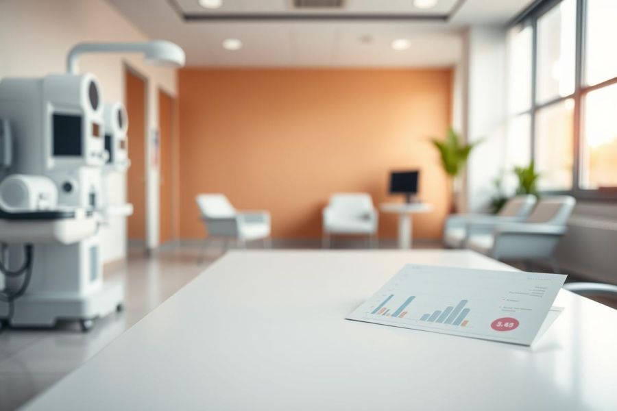 Modern medical clinic interior with diagnostic equipment, charts, and comfortable seating. Warm orange walls, bright natural light, and a clean white table create a professional healthcare environment. Focus on medical technology and patient care.