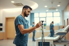 Healthcare worker in scrubs adjusts an IV drip in a hospital room.  Bright, modern setting with medical equipment visible.  Focus on patient care and clinical environment.