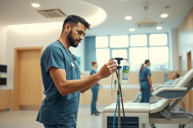 Healthcare worker in scrubs adjusts an IV drip in a hospital room.  Bright, modern setting with medical equipment visible.  Focus on patient care and clinical environment.
