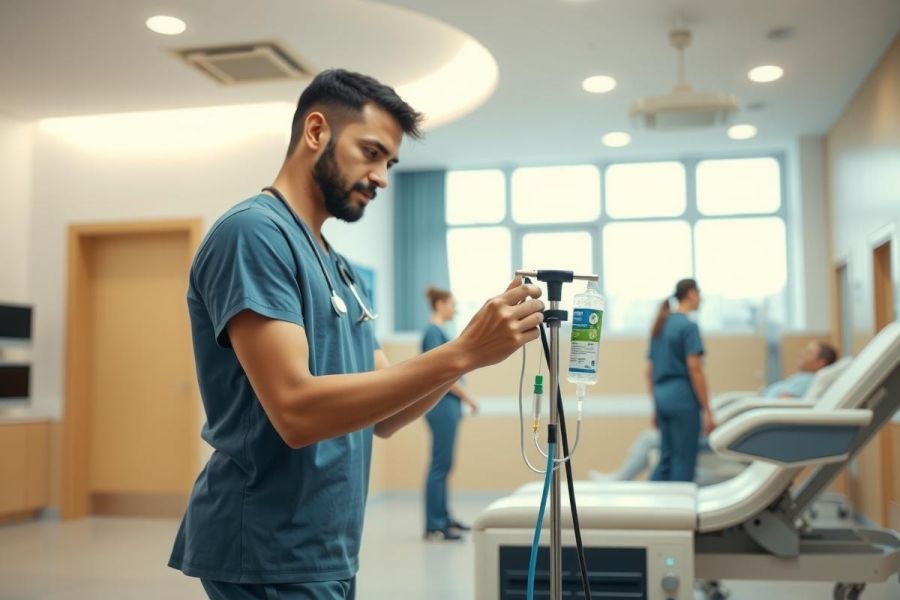 Healthcare worker in scrubs adjusts an IV drip in a hospital room. Bright, modern setting with medical equipment visible. Focus on patient care and clinical environment.