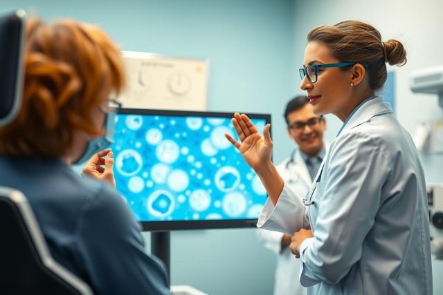 Scientists discussing research data on a monitor in a lab. The image shows a female researcher gesturing while a male colleague looks on, showcasing a collaborative scientific environment.