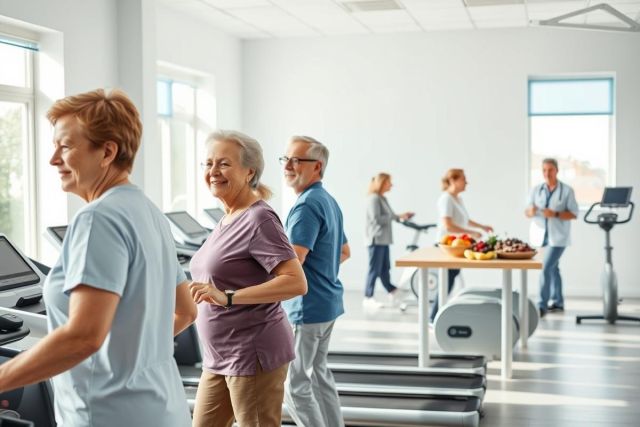 Seniors exercising on treadmills in a bright, modern gym. The image showcases active older adults enjoying a fitness routine with a focus on healthy aging and wellness. Light colors and a spacious environment emphasize a positive and supportive atmosphere for senior fitness.