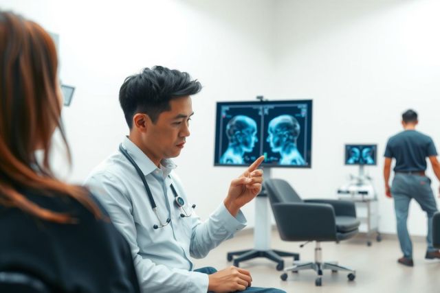 Doctor examining X-ray scans with patient in a medical office. Healthcare professional discussing diagnostics in a clinical setting. Focus on medical imaging and patient care.