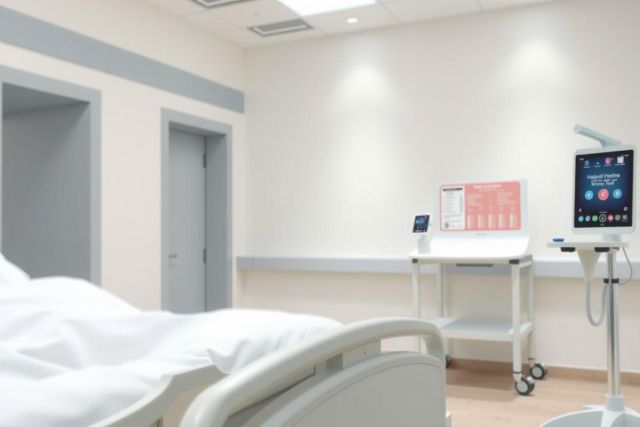 Modern hospital room with a patient bed, medical cart, and equipment. Clean, bright space with white walls and tiled flooring. Healthcare setting.