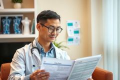 An Asian male doctor in glasses, wearing a medical coat, holding an open book or magazine while seated on an office chair. The scene suggests he might be reading patient information.