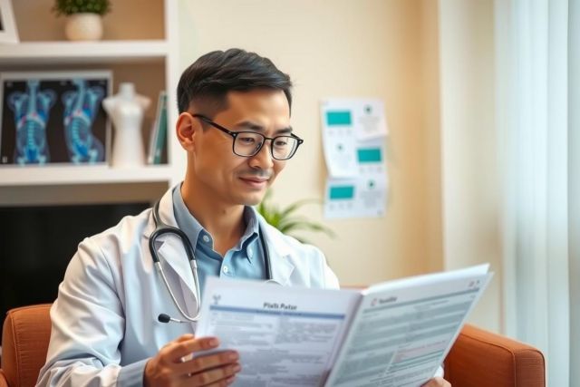An Asian male doctor in glasses, wearing a medical coat, holding an open book or magazine while seated on an office chair. The scene suggests he might be reading patient information.