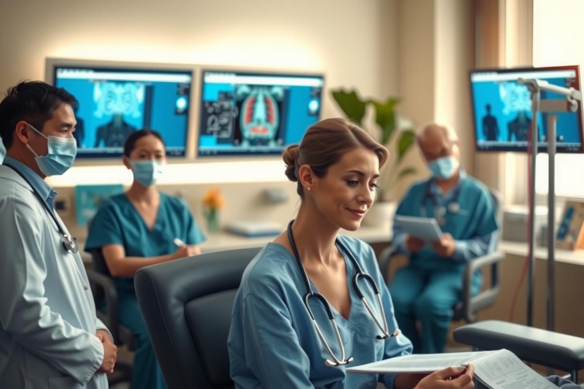The image depicts a group of healthcare professionals in an emergency room setting. In the foreground, there are two doctors focused on a patient's condition, while other medical staff members stand by. The background shows monitors displaying medical data and equipment indicative of an intensive care unit. There are medical textbooks open on a table to one side, suggesting ongoing learning or consultation. The room is sterile with white walls and floors, and the professionals are wearing standard hospital attire.