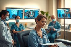 The image depicts a group of healthcare professionals in an emergency room setting. In the foreground, there are two doctors focused on a patient's condition, while other medical staff members stand by. The background shows monitors displaying medical data and equipment indicative of an intensive care unit. There are medical textbooks open on a table to one side, suggesting ongoing learning or consultation. The room is sterile with white walls and floors, and the professionals are wearing standard hospital attire.