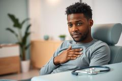 Concerned Black man sits in a doctor's office, hand on chest, with a stethoscope nearby. Soft blue and gray tones create a calming atmosphere. Healthcare, medical appointment, and well-being themes are evident in this image.