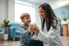 A smiling female doctor in a white coat interacts with a young boy in a bright, modern healthcare setting. The scene features a blue sofa and plant, suggesting a child-friendly clinic or pediatrician's office. Focus on positive healthcare and pediatric care.