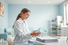 A female doctor in a white coat consults with a patient in a bright, modern clinic. The room features light blue walls and comfortable seating. Focus on healthcare, medical consultation, and a professional medical setting.