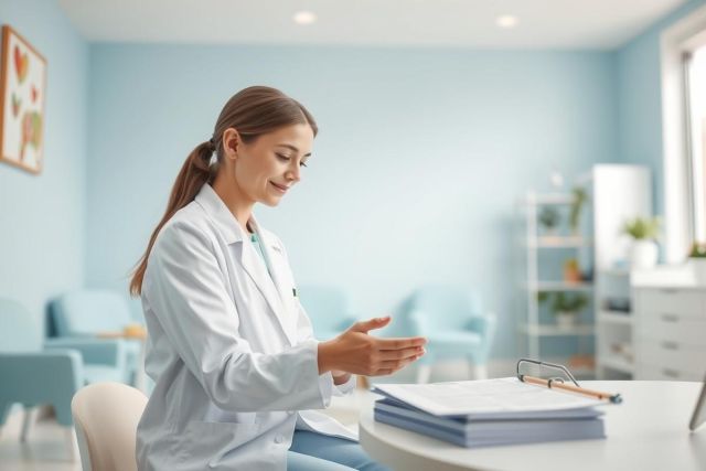 A female doctor in a white coat consults with a patient in a bright, modern clinic. The room features light blue walls and comfortable seating. Focus on healthcare, medical consultation, and a professional medical setting.