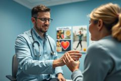 Doctor examining a patient in a bright blue clinic. A male physician wearing a stethoscope consults with a female patient, focusing on her pulse. Healthcare, wellness, and healthy lifestyle themes are visible in the background poster. Image represents medical checkup and patient care.