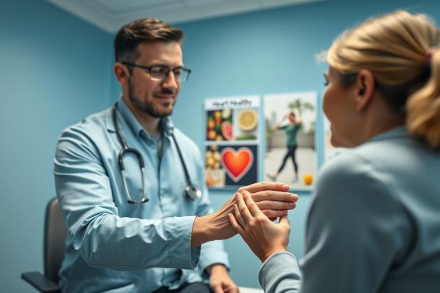 Doctor examining a patient in a bright blue clinic. A male physician wearing a stethoscope consults with a female patient, focusing on her pulse. Healthcare, wellness, and healthy lifestyle themes are visible in the background poster. Image represents medical checkup and patient care.