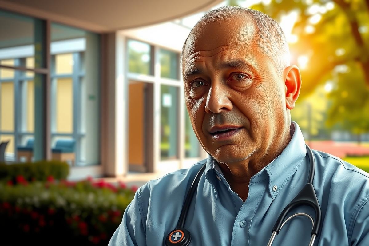 The image features an older man in a blue lab coat, possibly a doctor, standing outdoors.