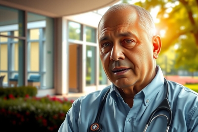 The image features an older man in a blue lab coat, possibly a doctor, standing outdoors. 