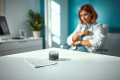 Medical consultation scene: A doctor in a blurred background observes a jar of pills and a prescription on a white table. The room features a modern blue accent wall and a monitor, suggesting a healthcare setting. Focus is on the medication and paperwork, highlighting a patient's treatment plan.