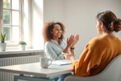 Two women in a bright office setting. One is gesturing with enthusiasm while the other listens attentively. The scene conveys collaboration and positive communication, with natural light and a modern workspace.