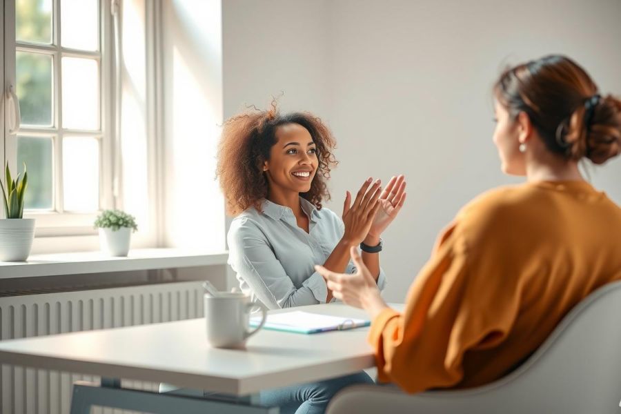 Two women in a bright office setting. One is gesturing with enthusiasm while the other listens attentively. The scene conveys collaboration and positive communication, with natural light and a modern workspace.