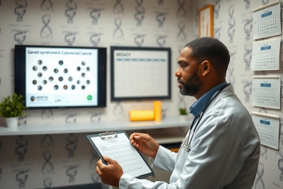 The image depicts a medical professional standing in an office environment. The person is dressed in a white lab coat, indicating their role as a healthcare provider.