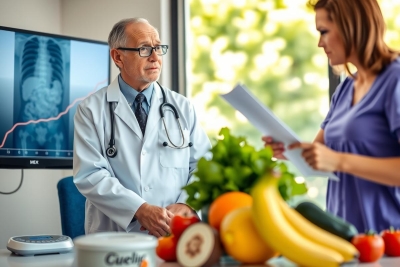 The image depicts a medical consultation in an office environment. There are two people: a doctor and a patient, both engaged in conversation. The doctor is dressed professionally with a white lab coat, glasses, and a stethoscope around his neck.