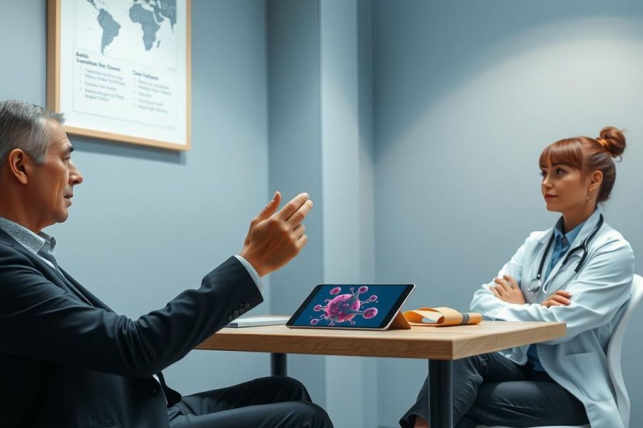 Doctor consults with a patient in a modern office setting. The doctor wears a white coat, while the patient is dressed in business attire. A tablet sits on a table between them, suggesting a digital consultation.