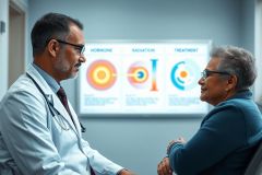 Doctor consulting with a patient in a medical office. The scene shows a serious discussion with a healthcare professional in a white coat, and an older woman. A chart with hormone, radiation, and treatment diagrams is visible in the background. Blue and white tones dominate the scene, conveying a clinical and professional environment.