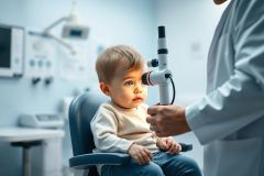 A young child undergoes an eye exam in a medical clinic. A doctor uses an ophthalmoscope to examine the toddler's eye. The scene features a clean, light blue and white environment, representing pediatric healthcare and vision screening.