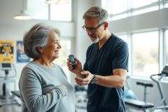 Senior woman receiving pulse measurement from a male fitness trainer in a bright, modern gym. Focus on health, wellness, and senior fitness with a supportive trainer environment. Grey and blue tones dominate the scene.