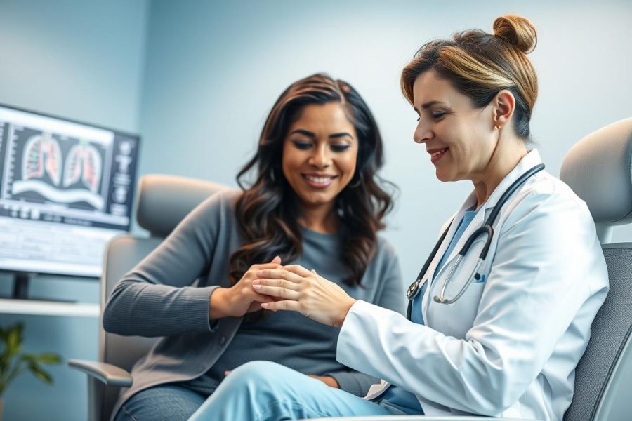 Doctor comforting a pregnant patient in a medical office. Warm, supportive interaction with a focus on prenatal care. Soft blue walls and medical imaging visible in the background. Healthcare, pregnancy, and doctor-patient relationship themes.