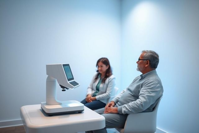 Eye exam in a modern clinic. A man sits in a chair facing an optical equipment device while a woman assists. The scene features a clean, light blue and white environment, suggesting a healthcare setting and eye care services.