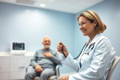 Doctor examining senior patient in a bright, modern clinic. Healthcare professional in white coat holds stethoscope, blue walls, medical equipment visible. Focus on patient care and wellness.