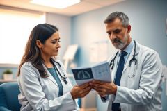 Two doctors, a man and a woman, examine an ultrasound image in a bright, modern medical office. They wear white coats and stethoscopes, discussing patient health. Focus on diagnostic imaging and medical consultation in a healthcare setting.