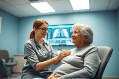 A caring nurse comforts an elderly patient in a modern doctor's office. An X-ray is visible on a screen behind them. Blue walls and bright lighting create a calm, healthcare setting. Focus on patient care, medical consultation, and senior health.