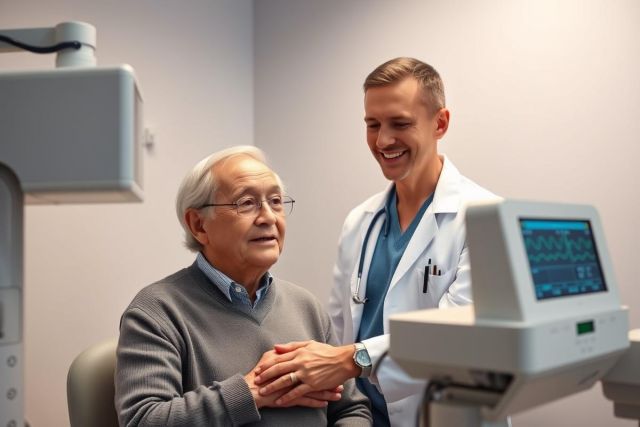 Healthcare scene: A smiling doctor in blue scrubs comforts an elderly patient in a modern medical clinic. The image features a calm, neutral color palette with gray walls and equipment. Focus on patient care and medical checkup in a professional setting.