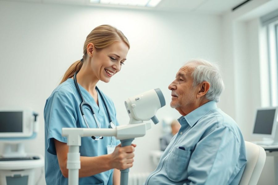 Healthcare professional examining an elderly man's eyes in a bright, modern clinic setting. The nurse in blue scrubs uses diagnostic equipment during an eye exam, promoting preventative healthcare and senior wellness. Focus on medical care and patient well-being.
