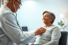 Doctor examining an elderly woman with a stethoscope in a bright, modern office. Healthcare checkup, senior care, and medical consultation are key themes. Gentle blue and white tones create a reassuring atmosphere.