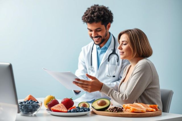 Doctor and patient discussing healthy eating plan. Image features fresh fruits, vegetables, and salmon on a table. Blue background, medical consultation, nutrition advice, wellness, and healthy lifestyle concepts.